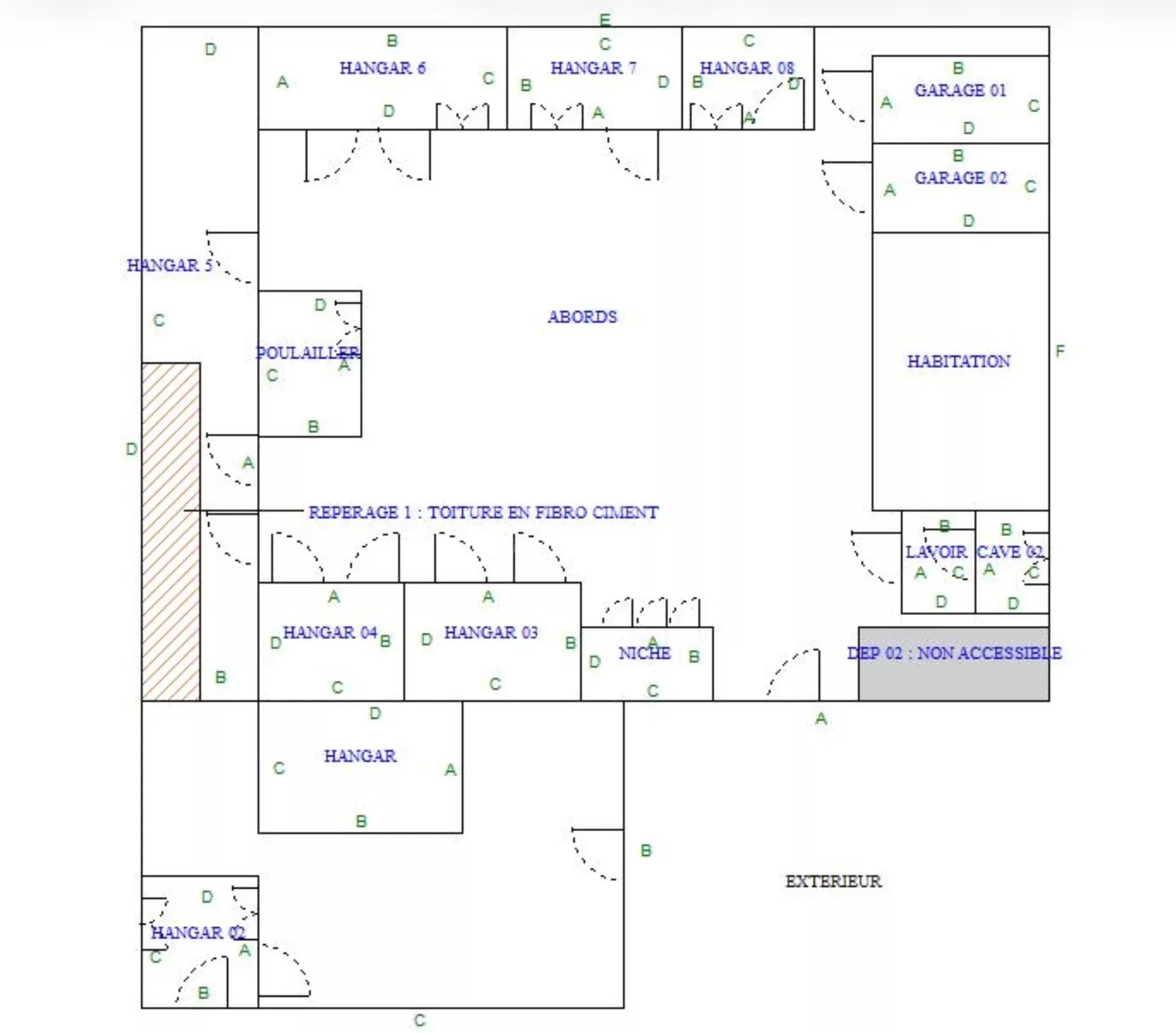 80e64fc1baa8f8a737a7a6f39c25ff03_dc9e570cbf_1806-original Top-down floor plan of a building showing Hangars A–H, a Habitation block on the right, Lavoir and Cave rooms, Dep02 non accessible, and the exterior area.