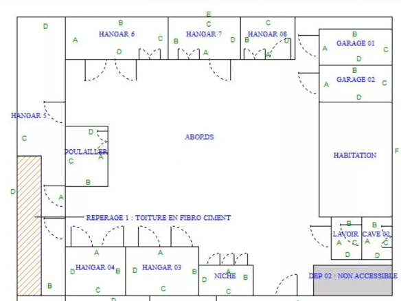 Architectural floor plan with a central area labeled ABORDS; upper row shows Hangar 6, Hangar 7, Hangar 08; right side contains Garage 01 and Garage 02 with HABITATION below; left side includes Hangar 5 and Poulailler; bottom row includes Hangar 03, Hangar 04 and Niche.