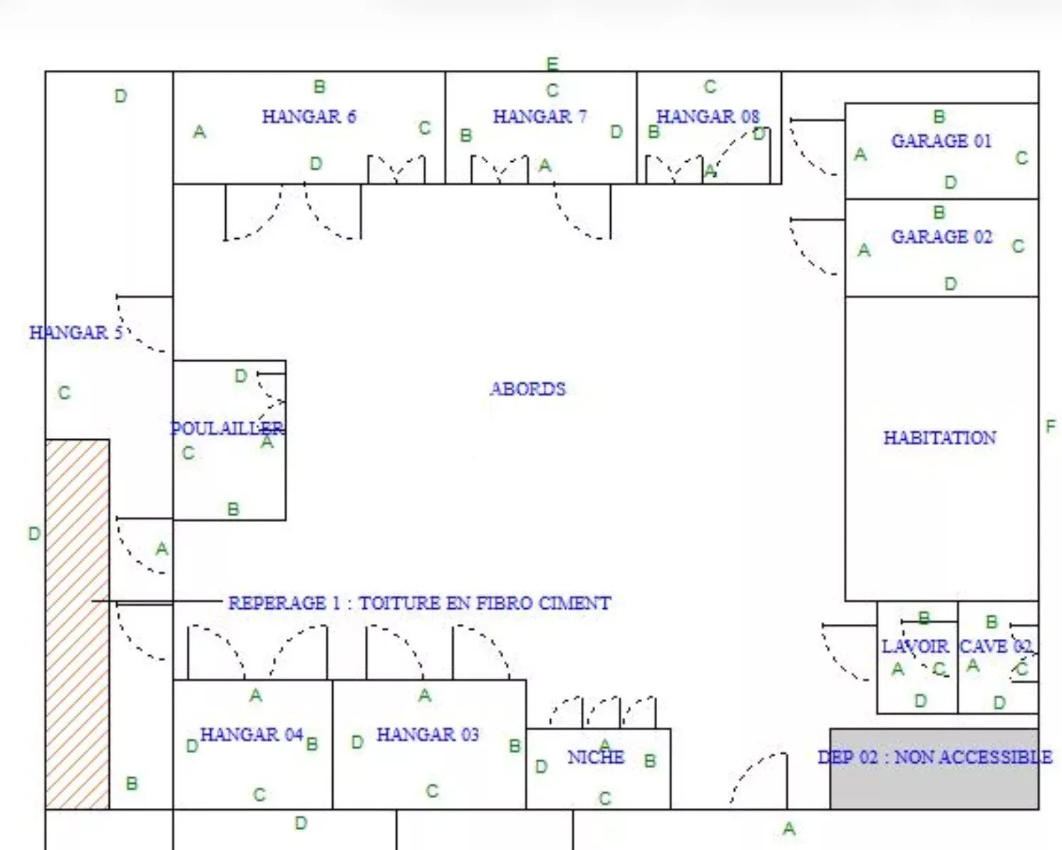 8cba8a075ed002f8517246b62fd8457c_aac611f5e1_1490-original Architectural floor plan with a central area labeled ABORDS; upper row shows Hangar 6, Hangar 7, Hangar 08; right side contains Garage 01 and Garage 02 with HABITATION below; left side includes Hangar 5 and Poulailler; bottom row includes Hangar 03, Hangar 04 and Niche.