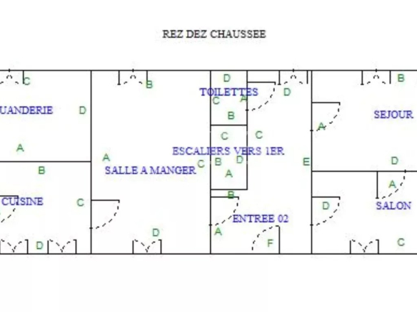 Ground-floor floor plan with labeled rooms: ENTREE, BUANDERIE, SALLE A MANGER, TOILETTES, SEJOUR, SALON and entrance doors (REZ DE CHAUSSEE).