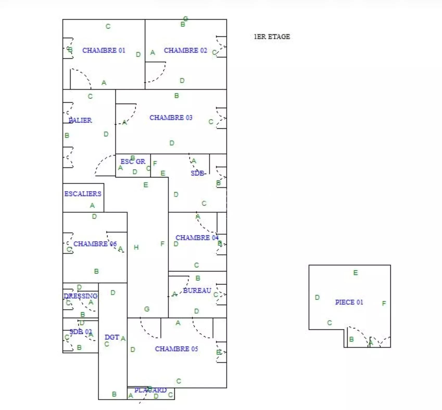 fd692d518e797739a143d90e8f4012bb_bce03915dc_1698-original First-floor floor plan with labeled rooms: CHAMBRE 01–05, DRESSING, BUREAU, ESCALIERS, and PIECE 01; shows doorways and a separate PIECE 01 area on the right side.