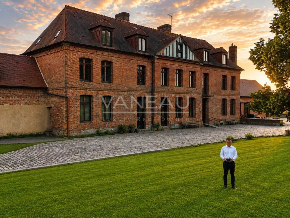 Former coaching inn renovated, exterior view with lawn and brick building in Saint-André-sur-Cailly.