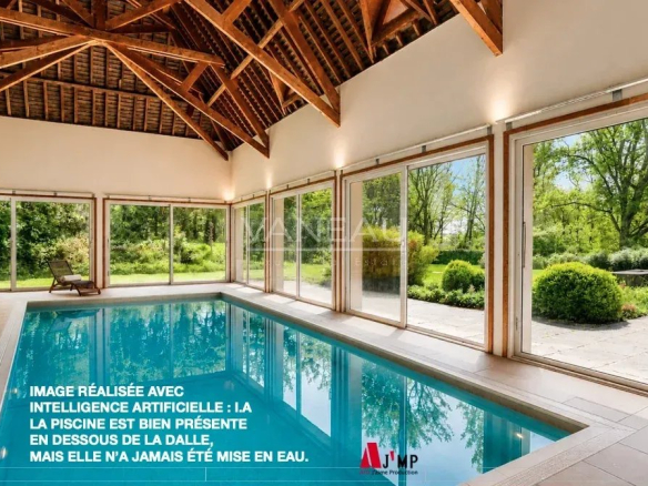 Intérieur d'une maison d'architecte avec piscine et grandes baies vitrées, Normandie.