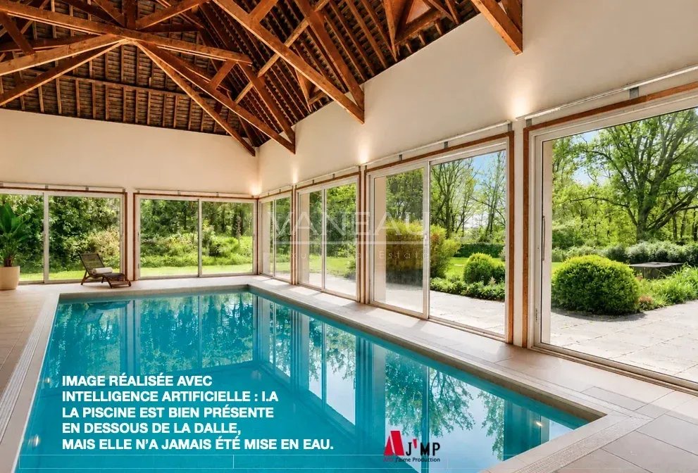 Intérieur moderne avec piscine Intérieur d'une maison d'architecte avec piscine et grandes baies vitrées, Normandie.