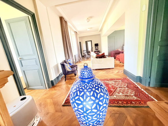 Intérieur d'un château avec un salon spacieux et une décoration élégante.