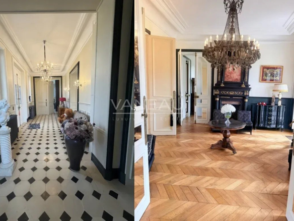Intérieur d'un château avec couloir et salon, sol en parquet, lustre et décorations élégantes.