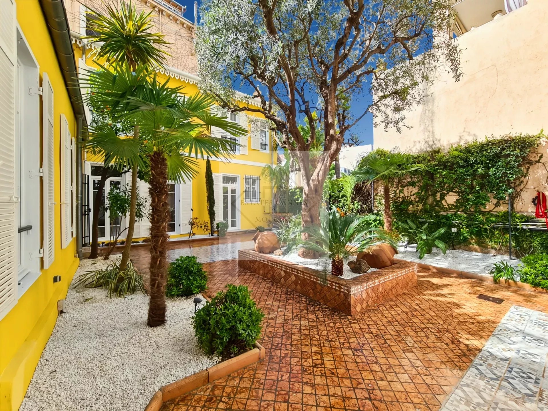Jardin intérieur d'une maison de ville avec palmiers et terrasse à Cannes.