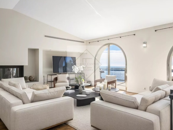 Interior of a villa in Cannes with a view of the Mediterranean Sea.