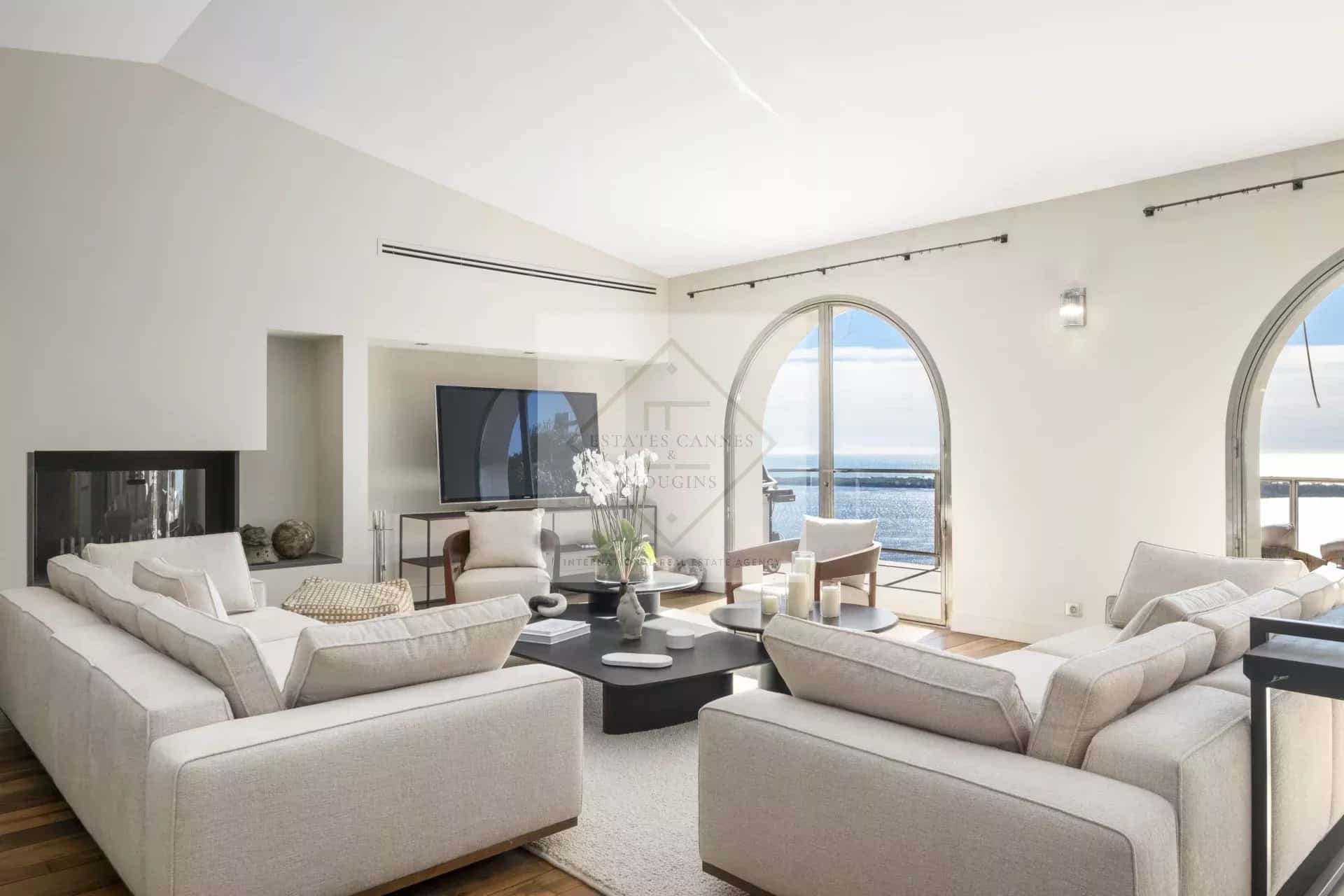 Interior of a villa in Cannes with a view of the Mediterranean Sea.
