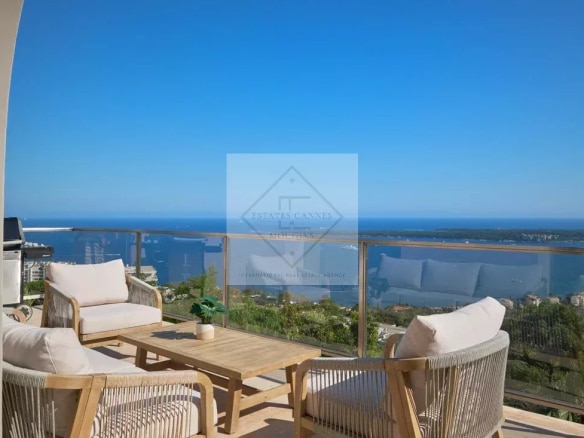 Terrace of a villa in Cannes with views of the Mediterranean Sea and the Lérins Islands.