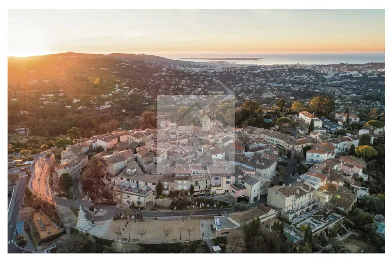 Aerial view of Mougins Aerial view of the medieval village of Mougins at sunset.