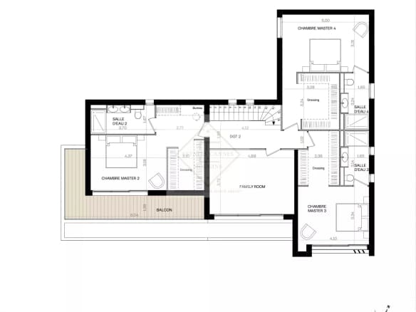 Floor plan of the contemporary villa in Mougins with layout of bedrooms and living spaces.