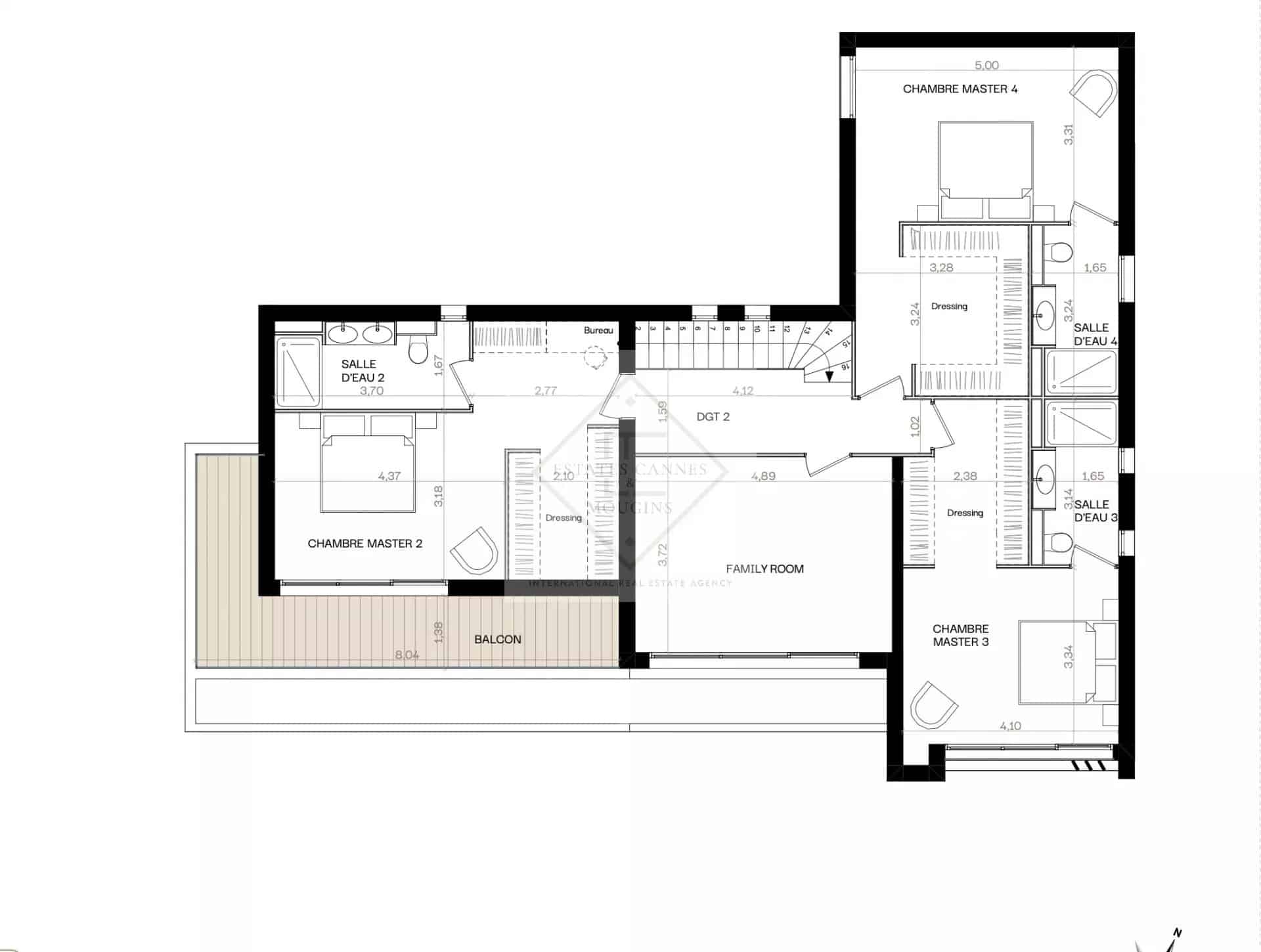 Floor plan of the contemporary villa in Mougins Floor plan of the contemporary villa in Mougins with layout of bedrooms and living spaces.
