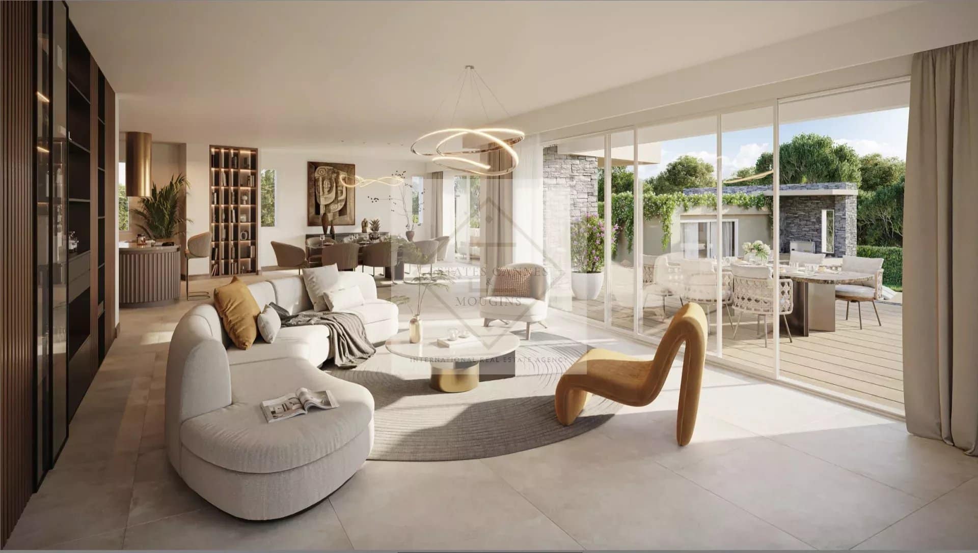 Interior of a contemporary villa in Mougins Interior of a contemporary villa with a bright living room and access to an outdoor terrace.