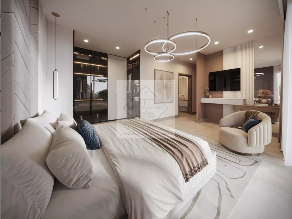 Modern bedroom in a contemporary villa with elegant furniture and natural light.