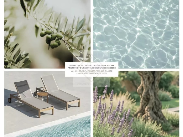 Details of a contemporary villa with swimming pool, sun loungers and Mediterranean garden in Mougins.