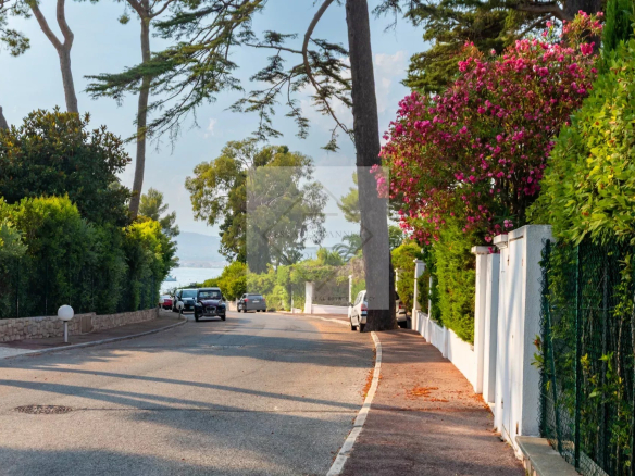 Vue d'une rue bordée d'arbres et de fleurs au Cap d'Antibes, près de la mer.