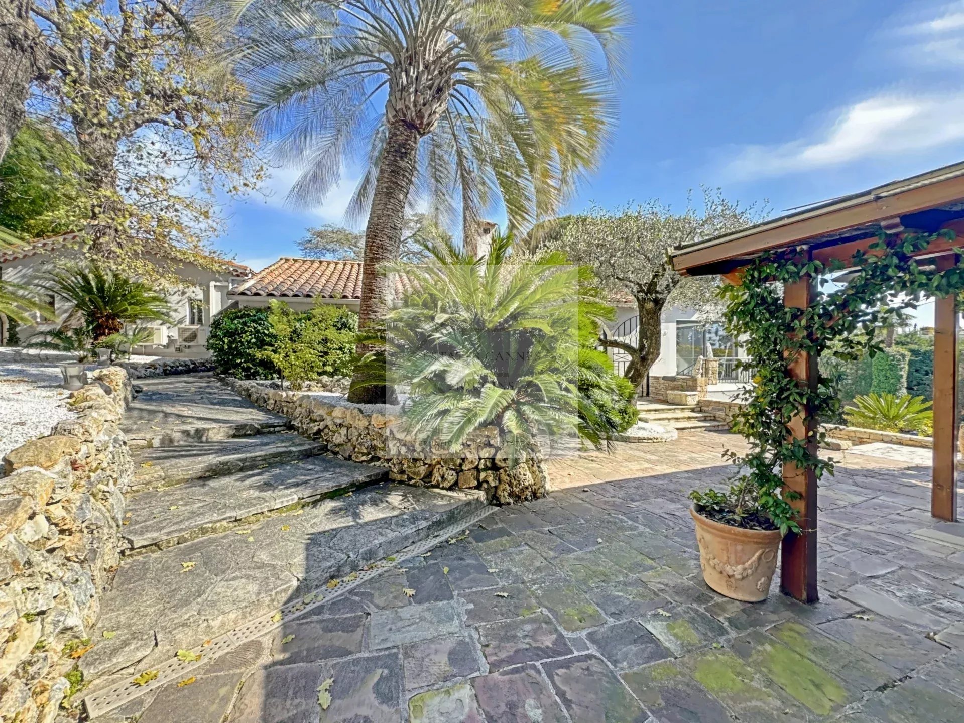 Entrance to a luxury villa with palm trees and a stone path in Cannes, California.