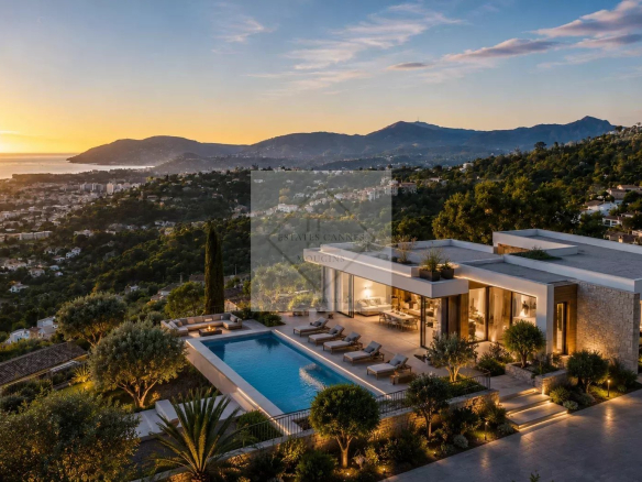 Vue panoramique d'une villa avec piscine surplombant la mer à Mandelieu-la-Napoule.