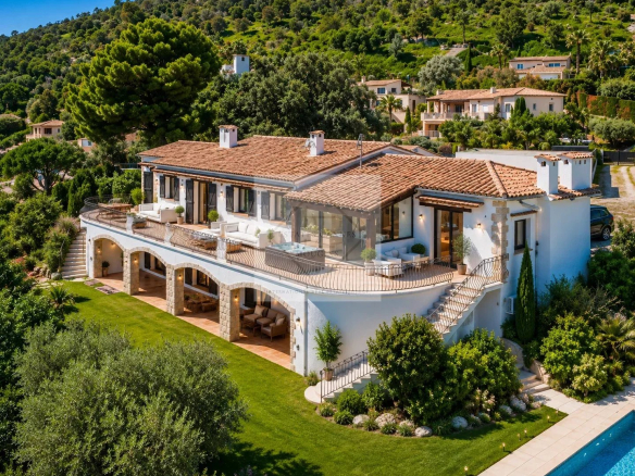 Villa avec vue panoramique sur la mer à Mandelieu-la-Napoule, entourée de verdure.