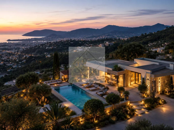 Vue panoramique d'une villa avec piscine et jardin à Mandelieu-la-Napoule, Côte d'Azur, au coucher du soleil.