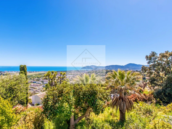 Vue panoramique sur la mer depuis une villa à Cannes, entourée de verdure.