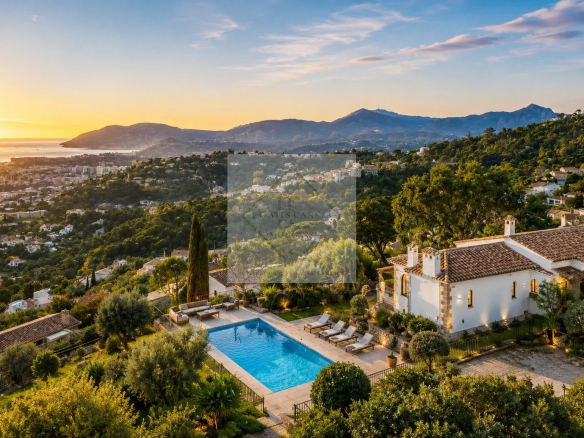 Vue panoramique d'une villa avec piscine à Cannes, entourée de verdure et de montagnes au coucher du soleil.