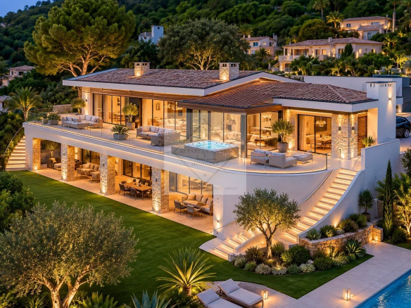 Villa moderne avec vue mer panoramique, jardin et piscine à Cannes.