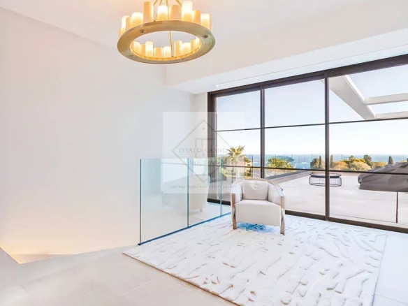 Interior of a contemporary villa in Super Cannes with sea views.