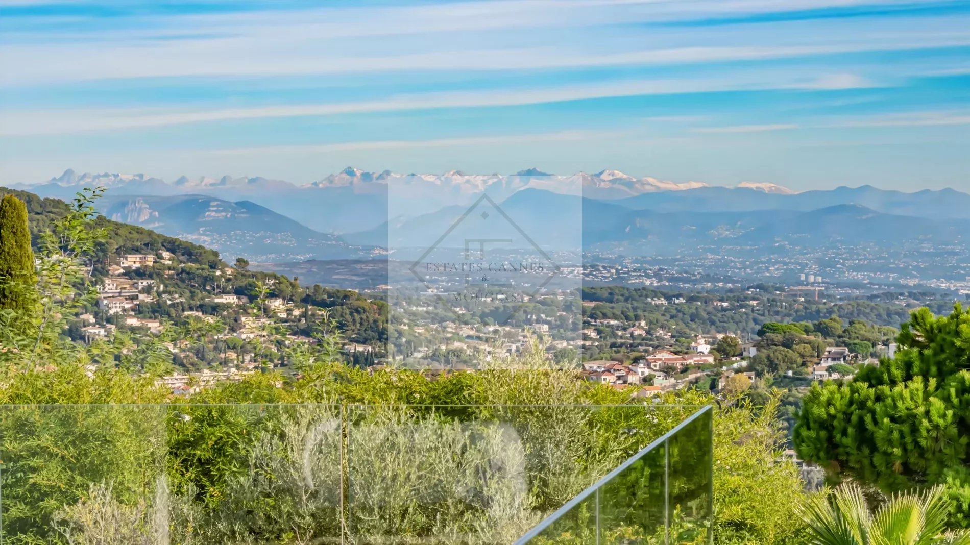 Panoramic view from Super Cannes Panoramic views of the mountains and the sea from a contemporary villa in Super Cannes.