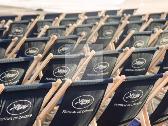 Deck chairs lined up on the beach for the Cannes Film Festival.
