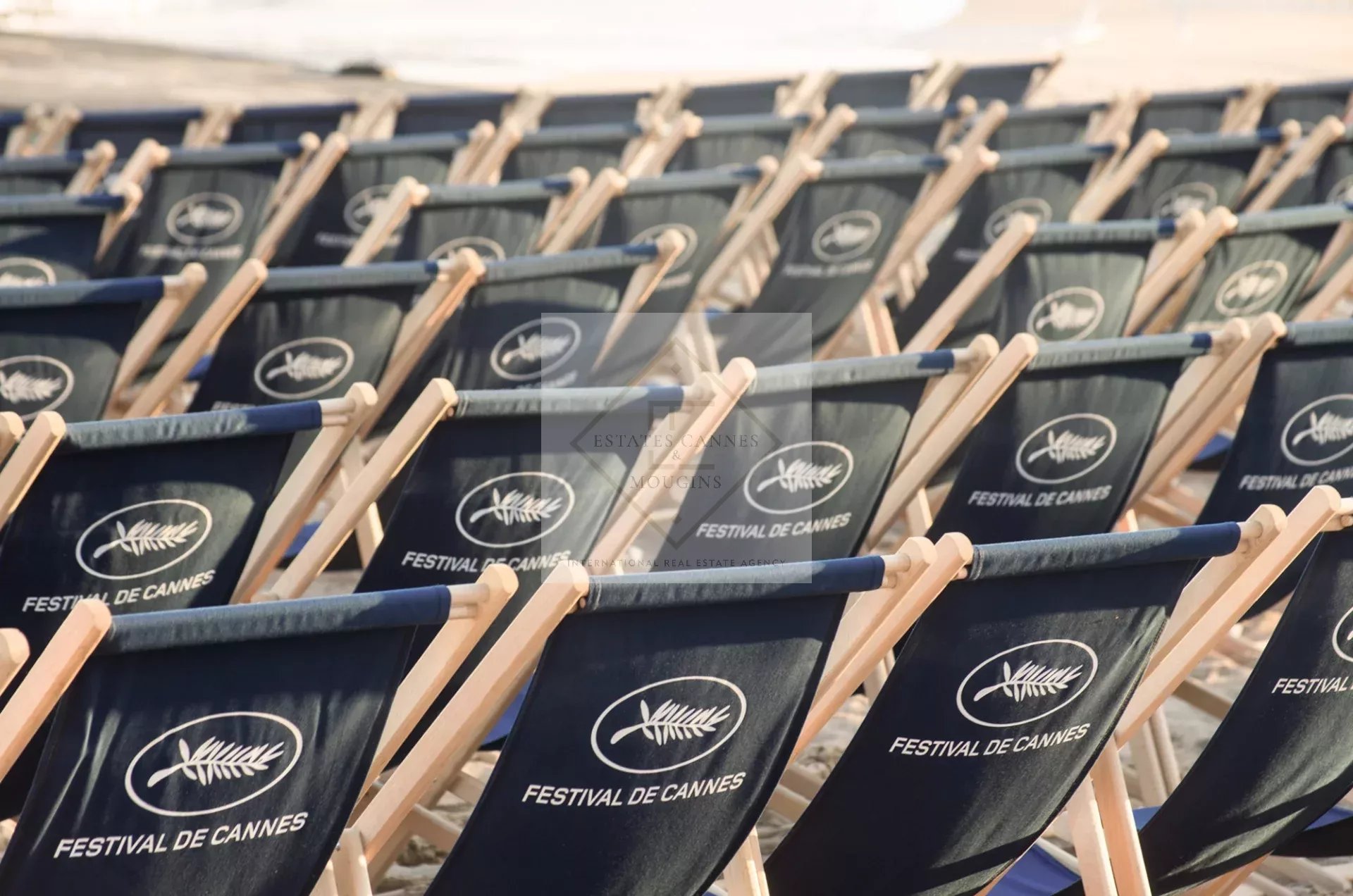 Deck chairs lined up on the beach for the Cannes Film Festival.