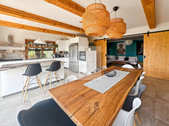 Interior of a house for rent in Mougins, with a modern kitchen and a wooden dining room.