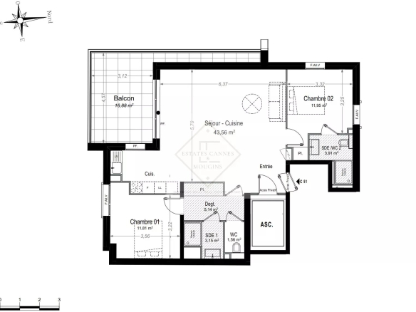 Floor plan of a new apartment in Juan-les-Pins, Antibes, with balcony and two bedrooms.