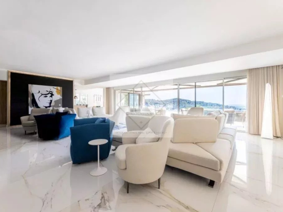 Interior of a modern villa with sea views, spacious and bright living room in Mougins.