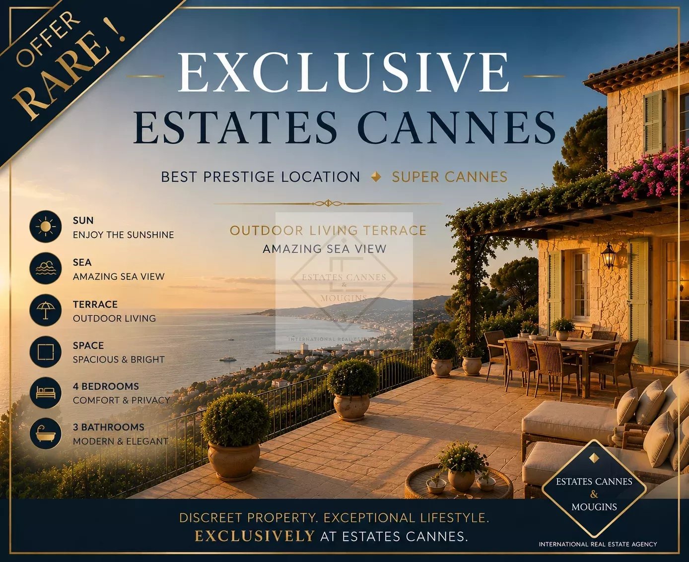 Villa provençale à Super Cannes avec vue sur la mer Méditerranée et terrasse extérieure.