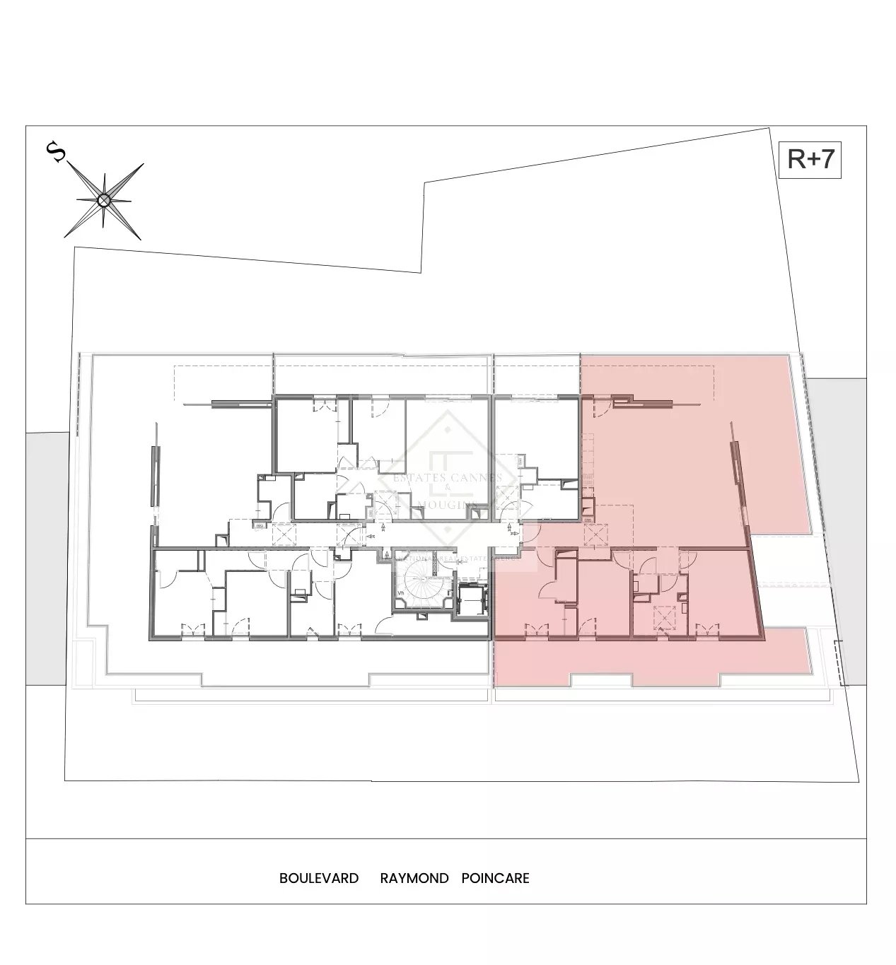 Penthouse floor plan in Juan-les-Pins Floor plan of a new penthouse in Juan-les-Pins, Antibes, with room layout.