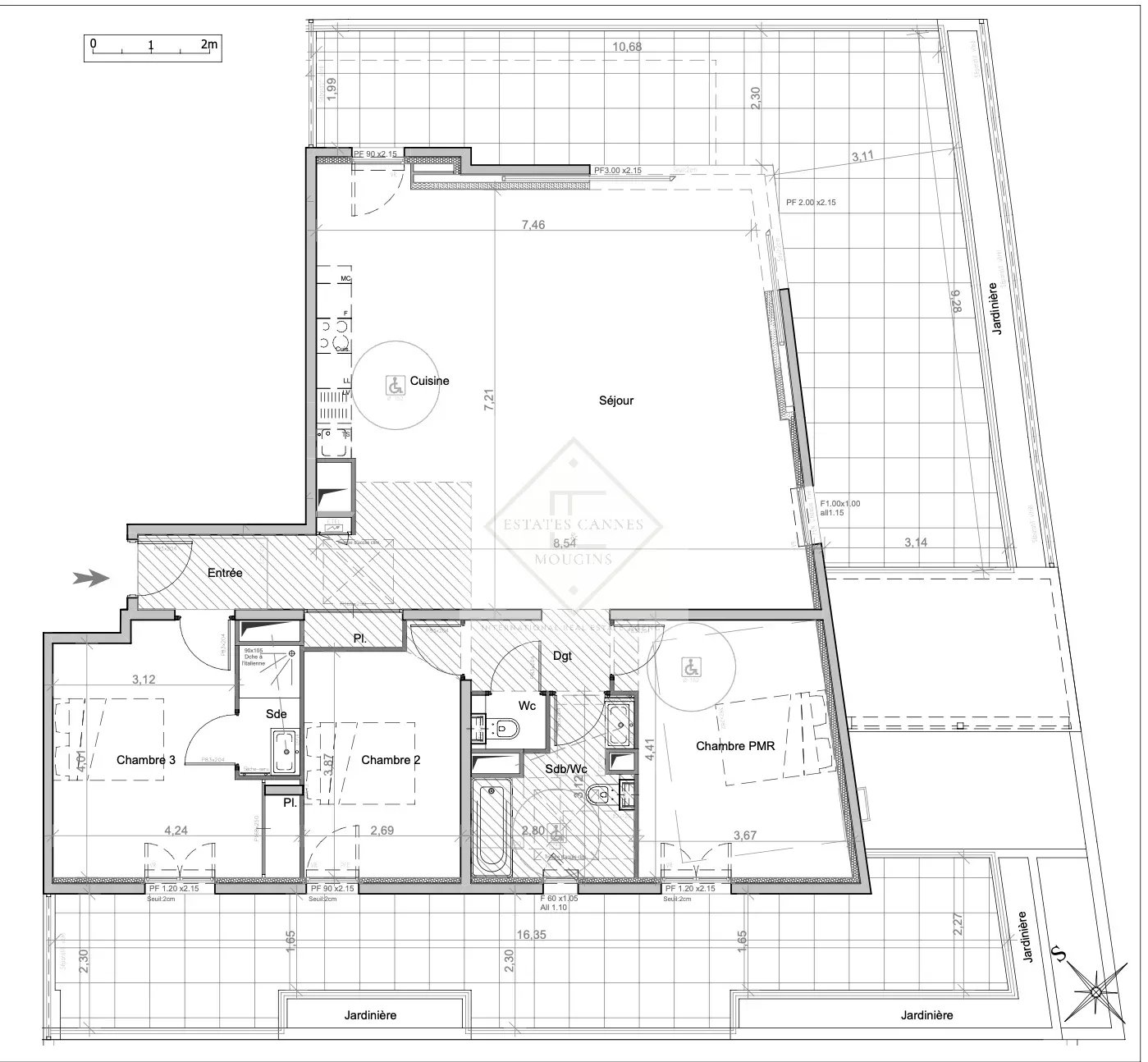 Apartment floor plan in Juan-les-Pins Floor plan of a 4-room apartment in Juan-les-Pins, Antibes, with living room, kitchen and three bedrooms.