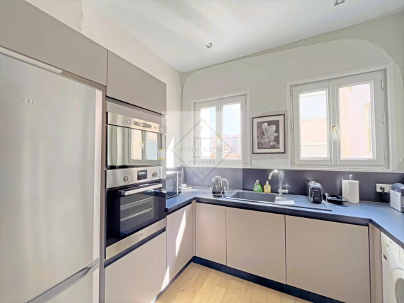 Modern and bright kitchen in an apartment in Cannes, with windows and complete equipment.