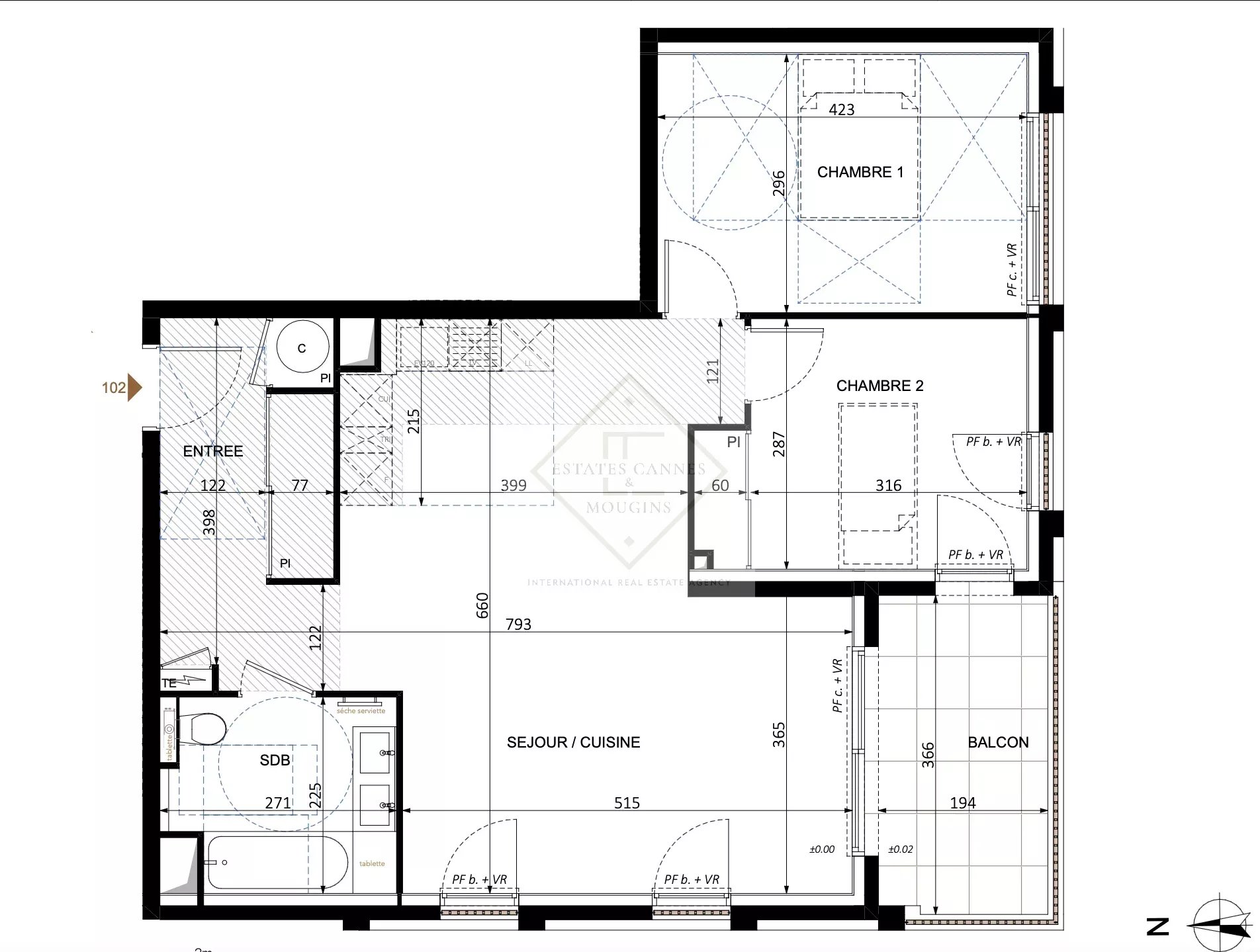 Plan d'un appartement de 3 pièces avec terrasse à Juan-les-Pins, Antibes.