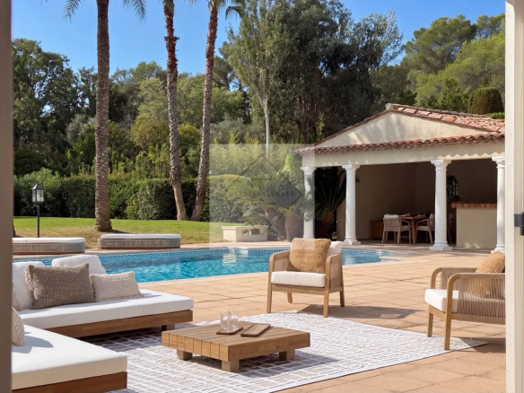 Terrasse avec piscine et mobilier extérieur dans une villa à Mougins.