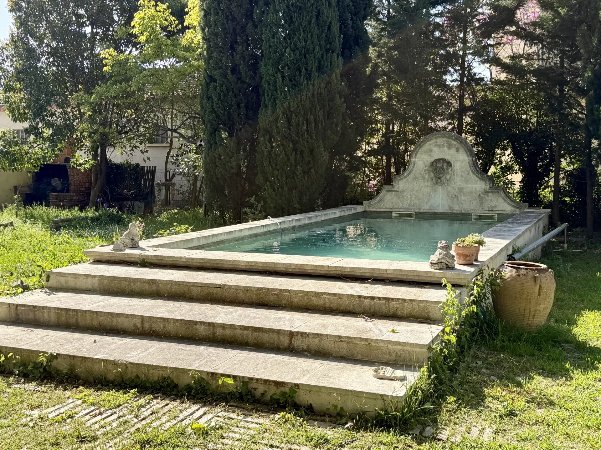 Stone-tiled rectangular pool in a garden with a carved fountain wall at the far end and overgrown lawn nearby, sunlit trees around.