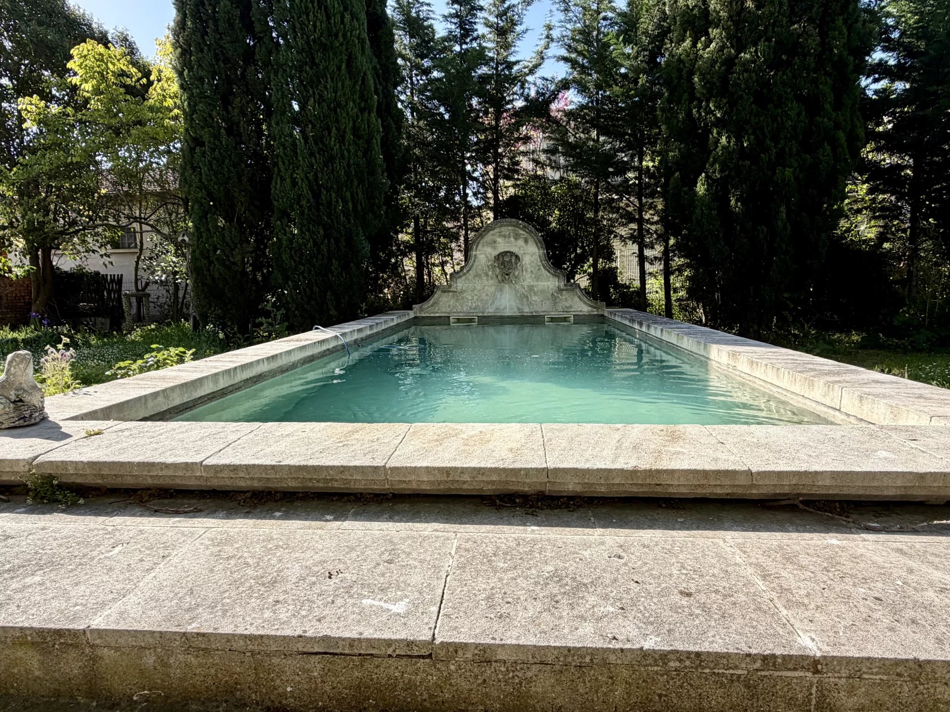 Rectangular stone pool bordered by wide stone slabs, with a decorative fountain wall at the far end and tall trees behind.
