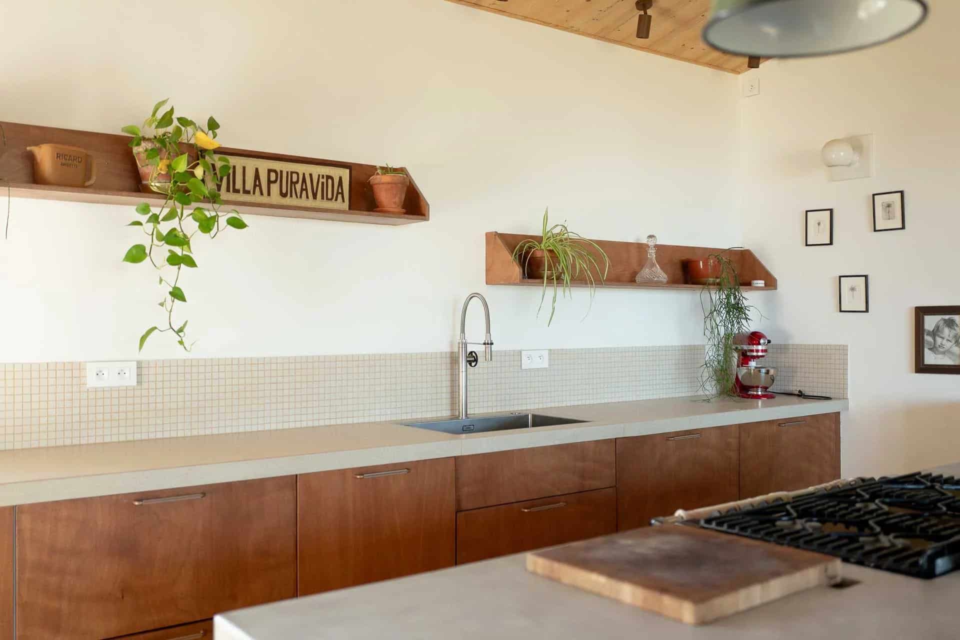 Cuisine moderne avec éléments en bois et plantes d'intérieur.