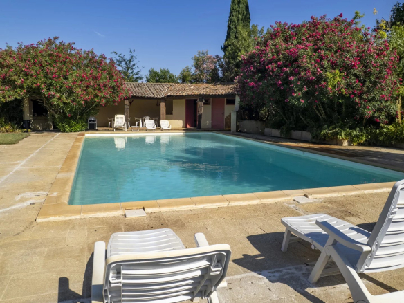 Swimming pool surrounded by sun loungers in an estate in Fourques, with flowers in the background.