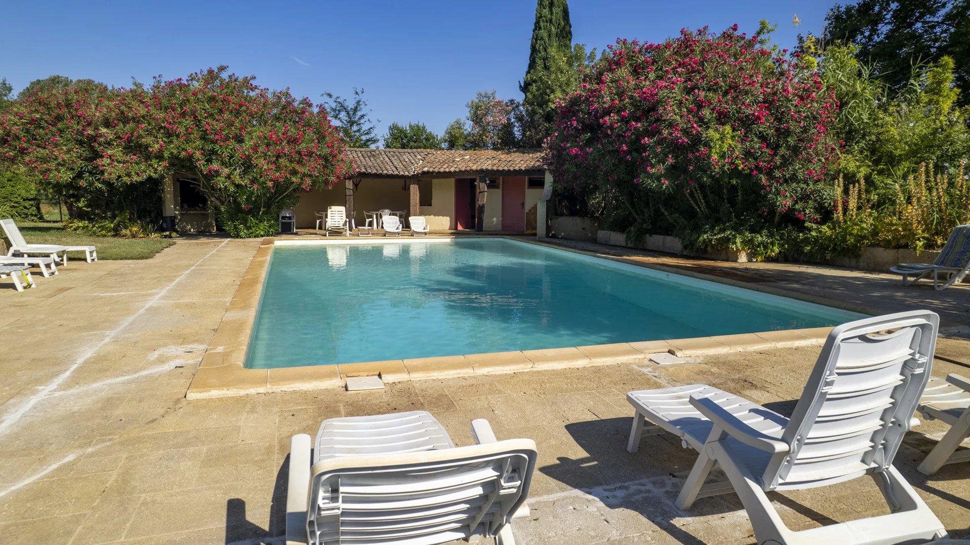 Estate with swimming pool in Fourques Swimming pool surrounded by sun loungers in an estate in Fourques, with flowers in the background.