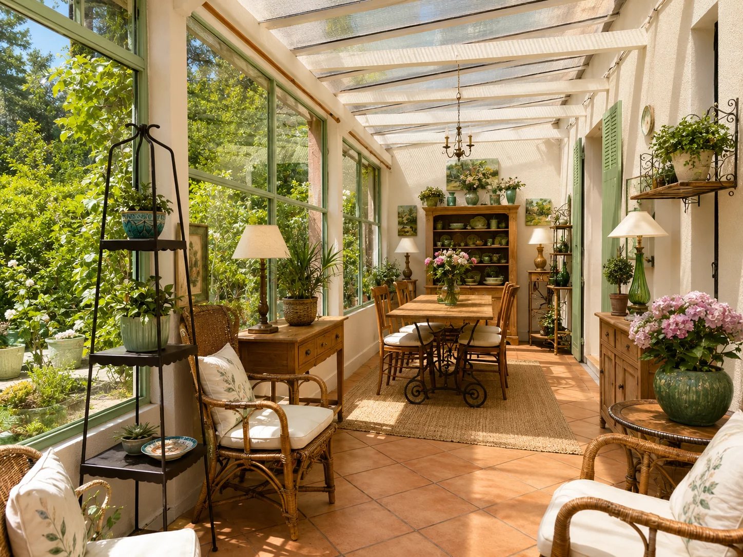 Bright veranda with wooden furniture and plants, surrounded by greenery