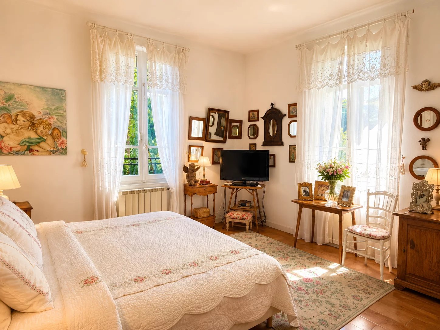 Bright room with vintage decor and garden view.