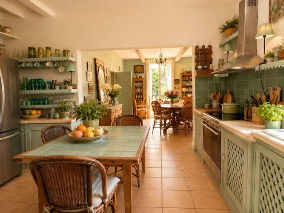 Bright kitchen with wooden table and decorative elements, in a property near Eygalières.
