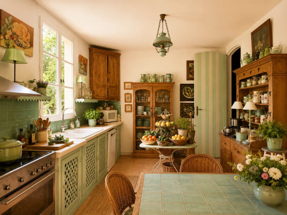 Bright kitchen with wooden furniture and green tiles, decorated with plants and tableware.
